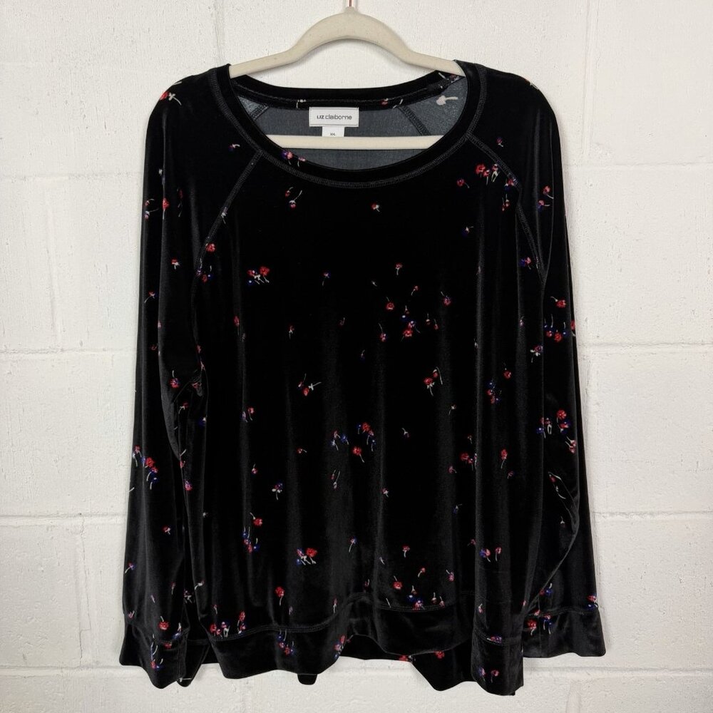 Liz Claiborne Velvet Top Black Floral Stretch Relaxed Party‎ Office Dressy XXL